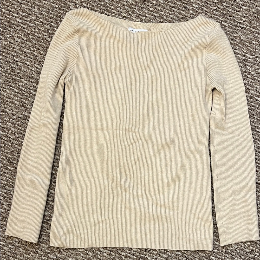 Zara Beige Long Sleeve Ribbed Top